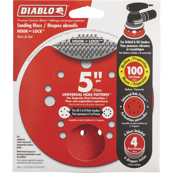 Diablo 5 In. 100-Grit Universal Hole Pattern Vented Sanding Disc with Hook and Lock Backing (4-Pack)