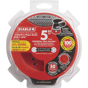 Diablo 5 In. 100-Grit Universal Hole Pattern Vented Sanding Disc with Hook and Lock Backing (50-Pack)